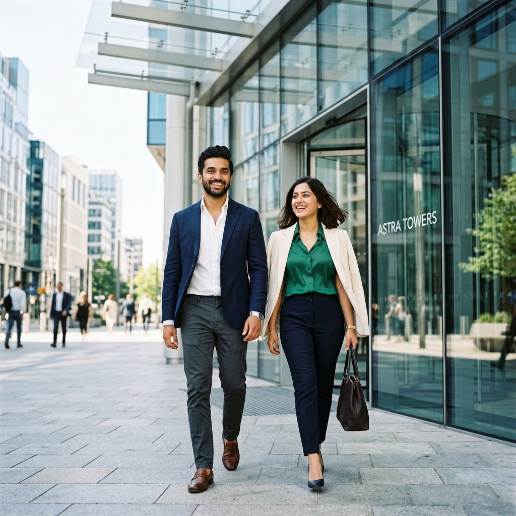 Co-founders walking happily out of skyscraper